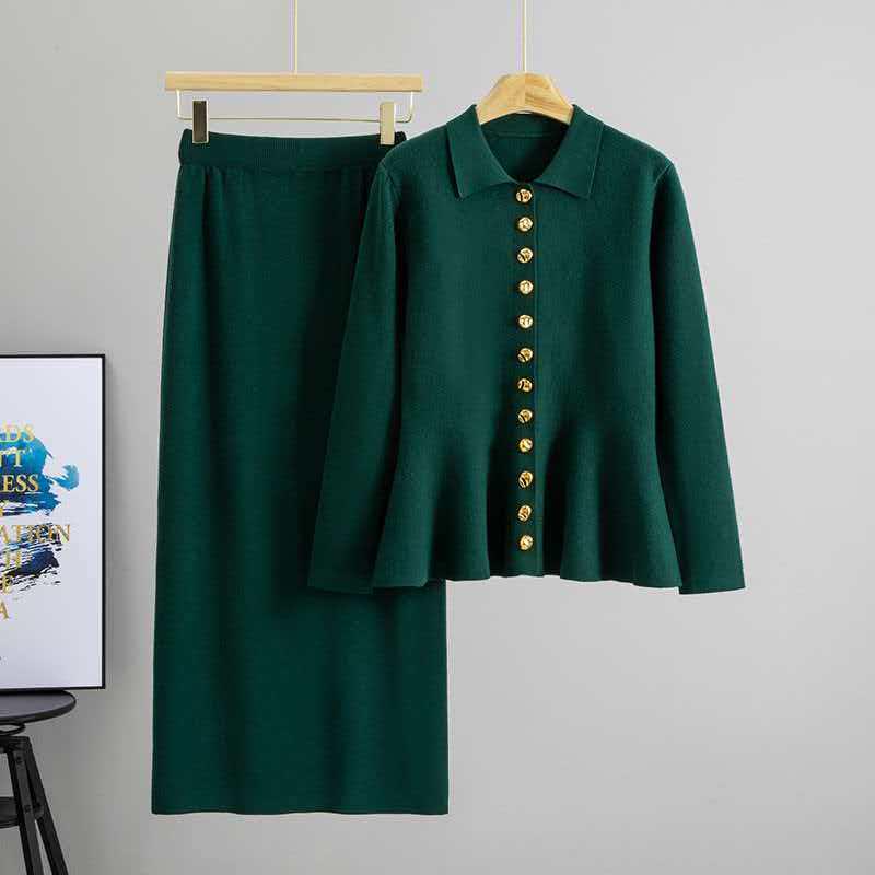 

European Women s Suit Set - Spring/Autumn: Half-Length Skirt with Lapel & Ruffle Hem, Two-Piece. One Size темно-зелений колір