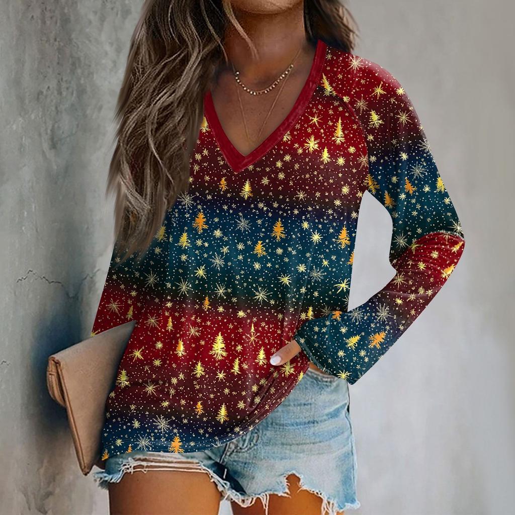 Women's Long Sleeve T-Shirt V-Neck ChristmasPrinted Casual Basic Tops