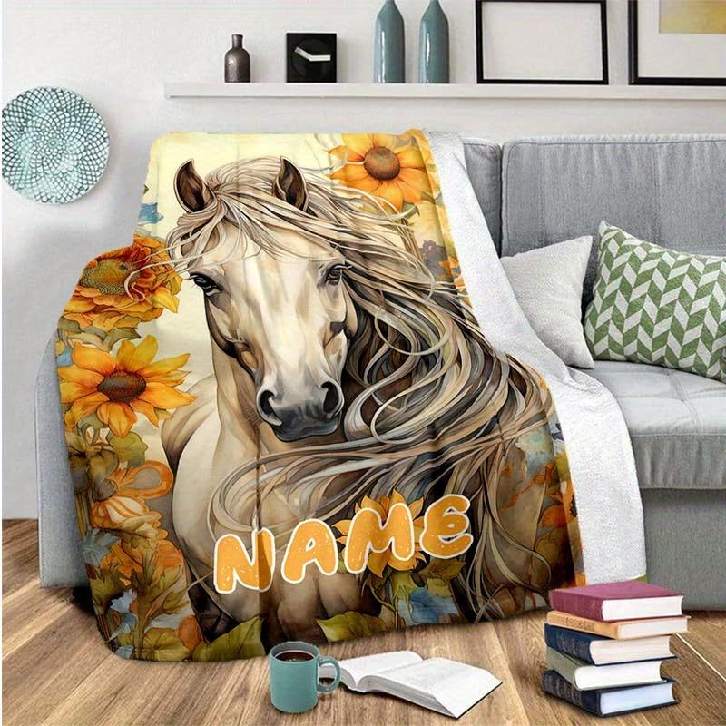 Sunflowers And Horses Customize Your Name Blanket Warm Comfortable And Soft Blankets Are Suitable For Home Lunch Break Blanket Office Sofa Sofa Gift