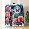 Cats, Roses, Butterflies, and Moonlight Patterned Flannel Blanket Perfect for the Bedroom Living Room, Sofa, or a Little Nap