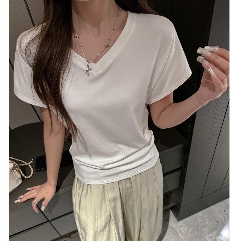 Summer Korean bat sleeves loose lazy wind front shoulder short-sleeved T-shirt women's solid color V-neck versatile casual bottoming shirt