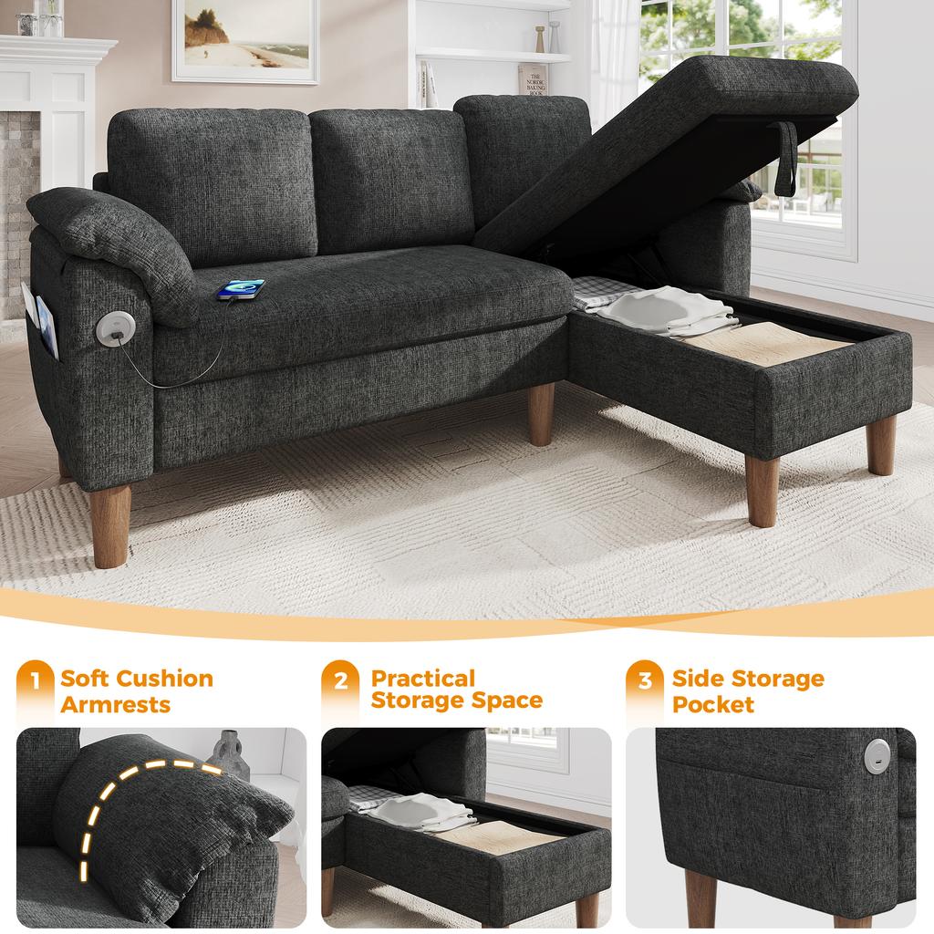 L-Shaped Corner Sofa, 3-Seater with Storage Chaise Longue, Left/Right Assembly, USB/Type-C Port, Pocket, Armrest Cushions, Chenille Fabric,Grey