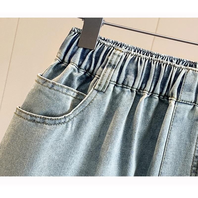 DIMANAF 2026 Summer New Plus Size Women Wide Leg Pants Jeans Shorts Casual Elastic Waist Jeans Pants Denim Cotton Blue