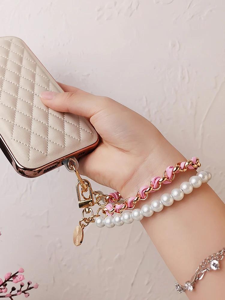 Camellia Pearl Mobile Phone Charm keychain Chain Girl Woman Cell Phone Case Fashion Pendant Key Strap Rope With Universal Clip