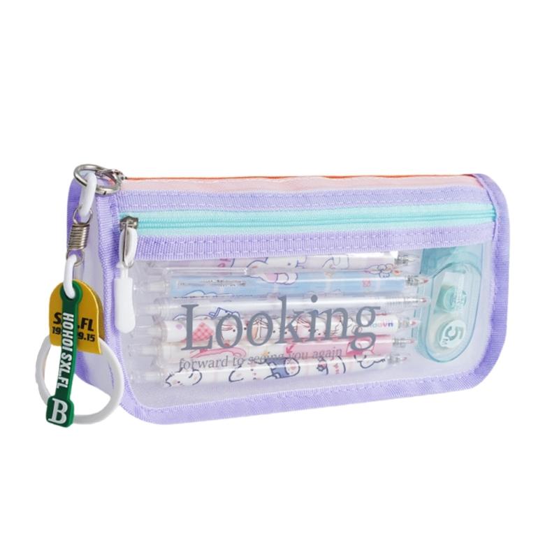 High Capacity Pencil Case 2 Compartment Pencils Pouches Clear Mesh Pen Bag Portable Pen Organiser Travel Makeup Bag фиолетовый