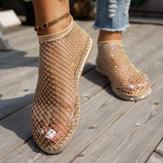 Fashion Women's New Round Toe Luxury  Flat Bottom Hollow Short Boots Water Diamond Sexy Flat Bottom Banquet Sandals