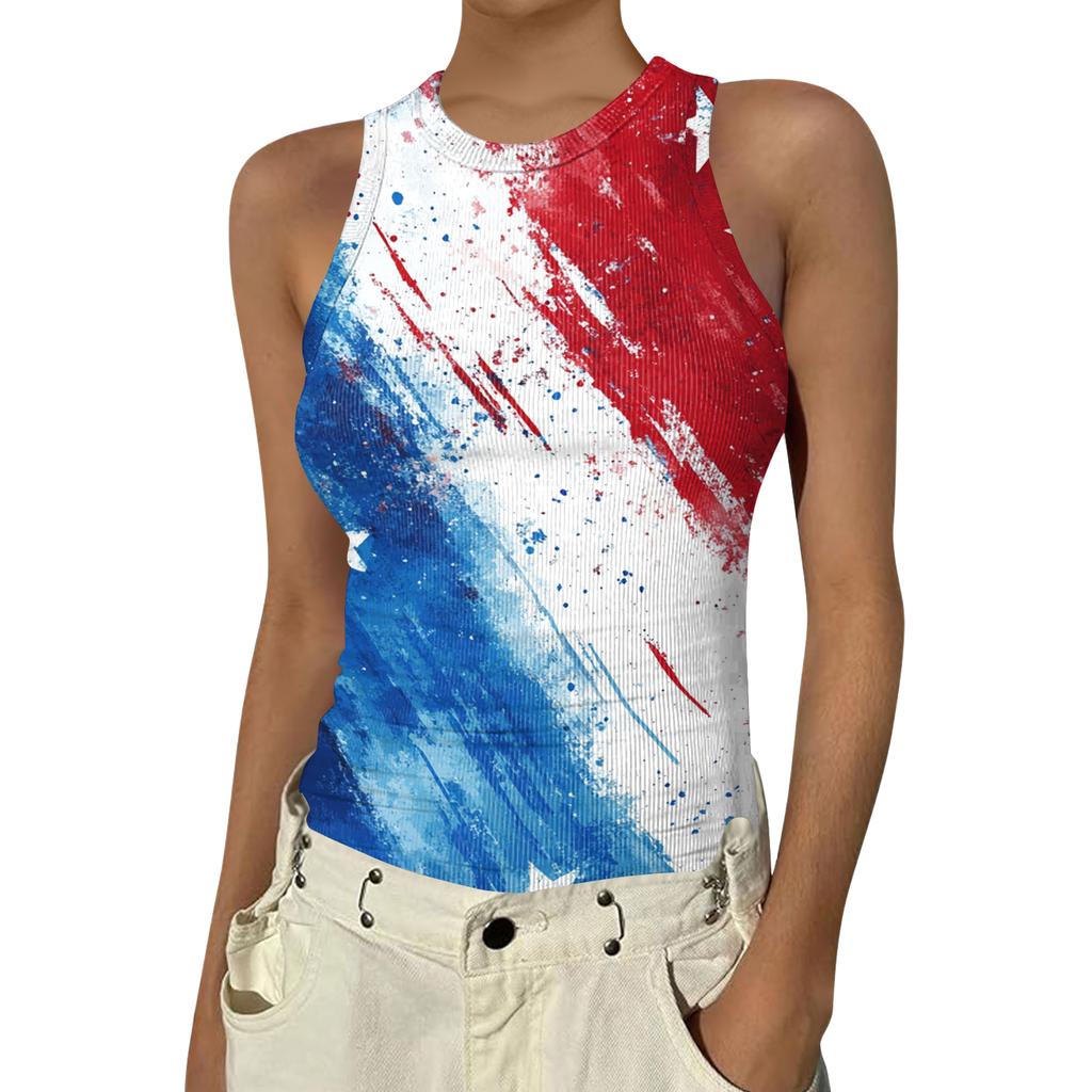 Women's Fashion Round Neck Independence Day Print Sleeveless Vest Top