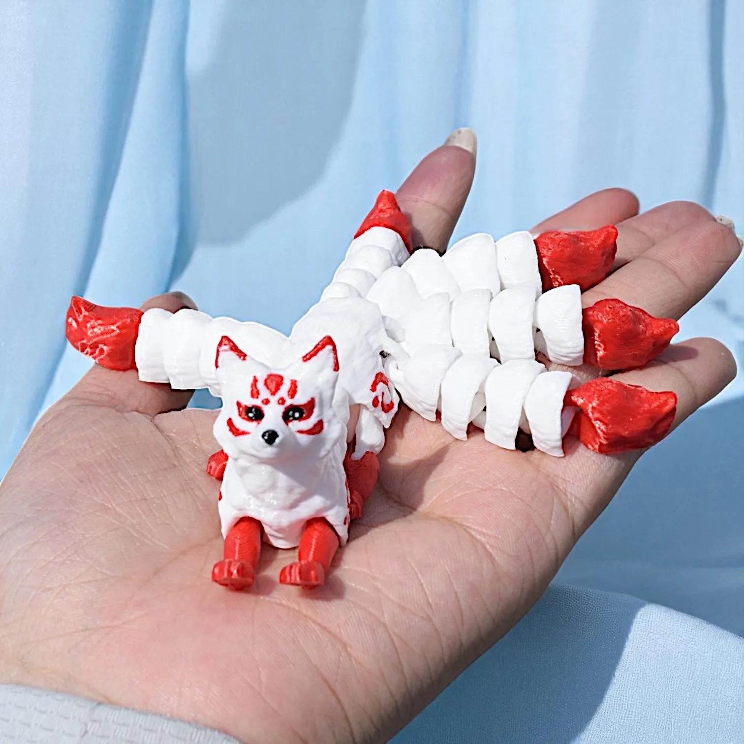 

3D-печатная фигурка лисы, модель животного, подвижные суставы, пятихвостая лиса, игрушки для снятия стресса, украшение для дома/рабочего стола красный