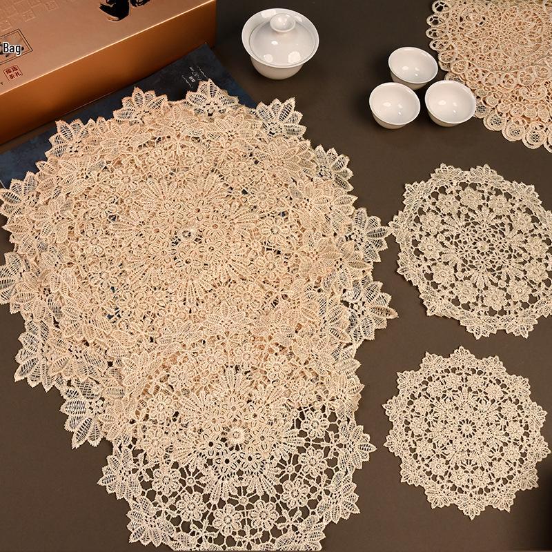 Beige Lace Floral Tablecloth & 3D Coasters Set - Heat-Resistant, Country Style Round Mats