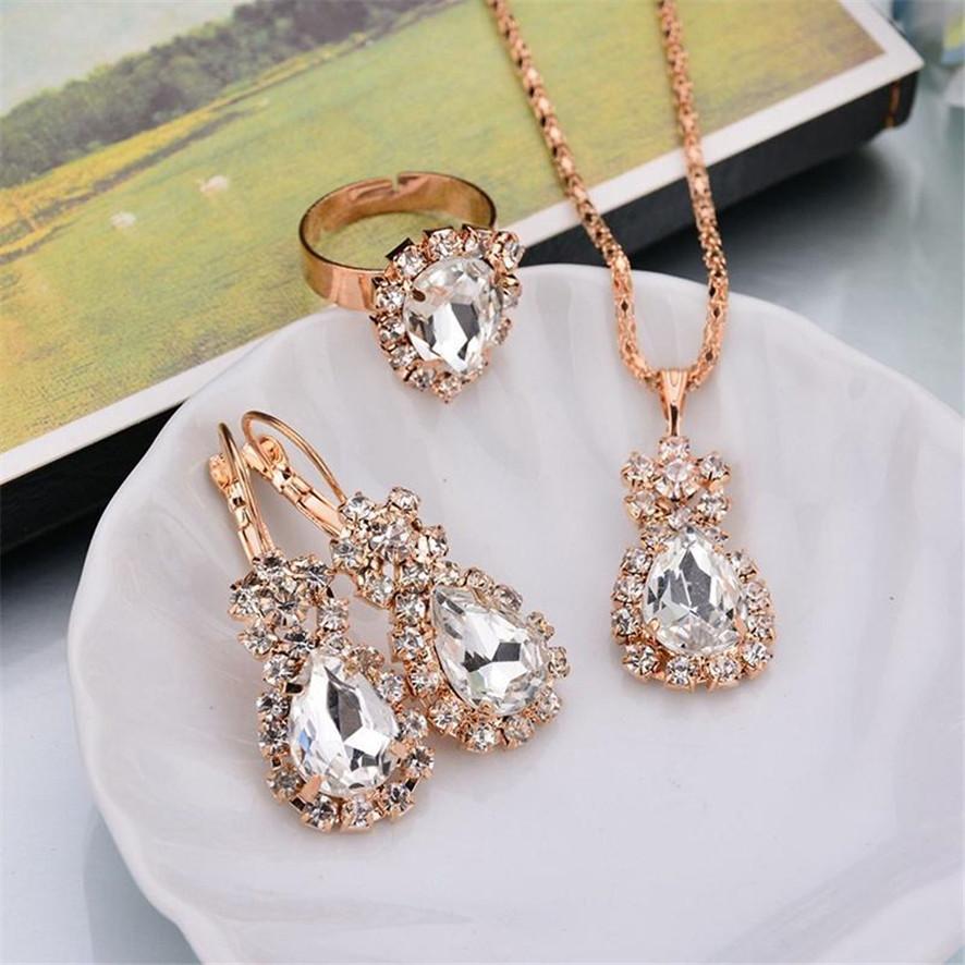 European and American Women Fashion Personality Water Drop Necklace Earrings Ring Set Shiny Bridal Jewelry