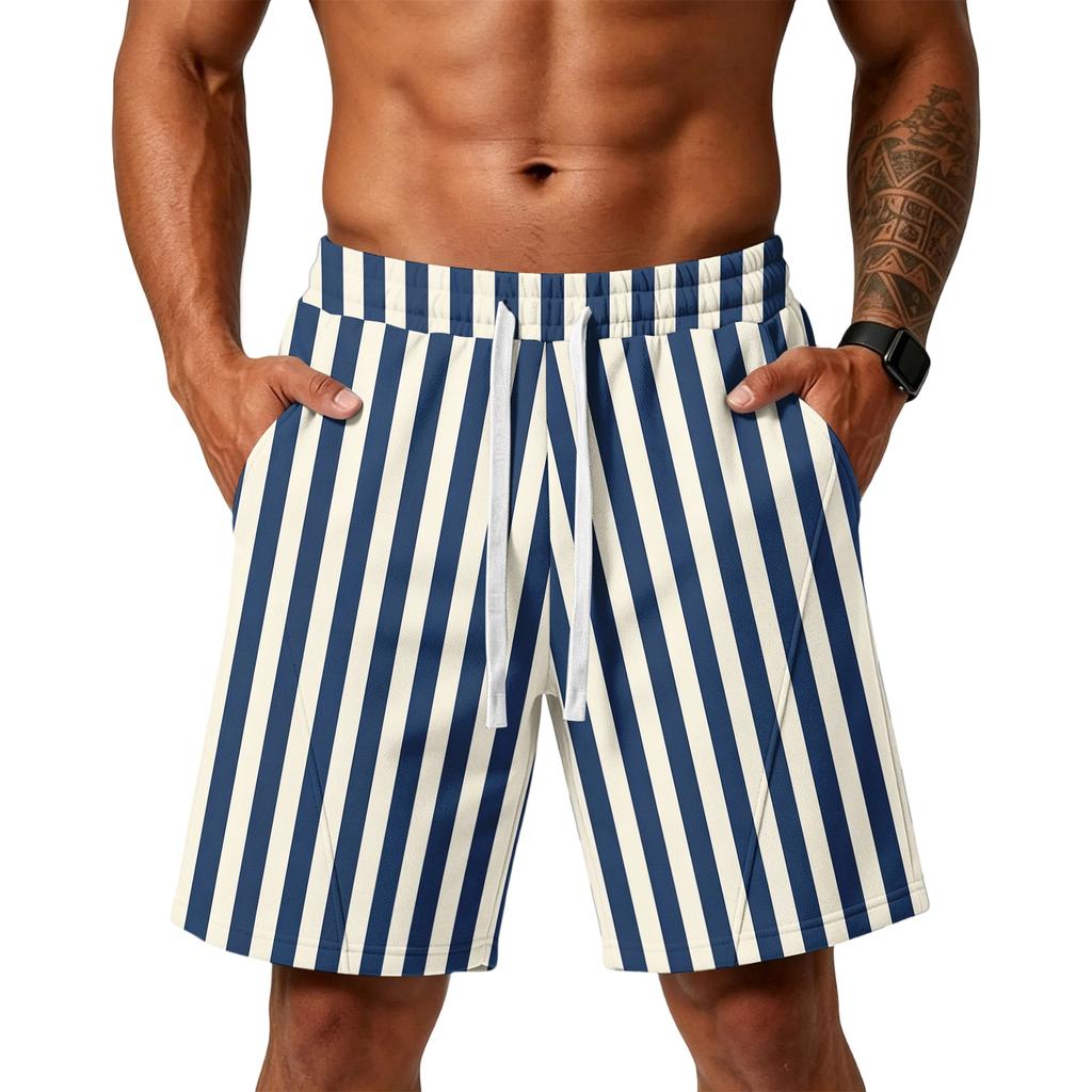 Herren Gestreifte Print Locker Trainings-Gym-Strandshorts mit Taschen und verstellbarem Kordelzugbund