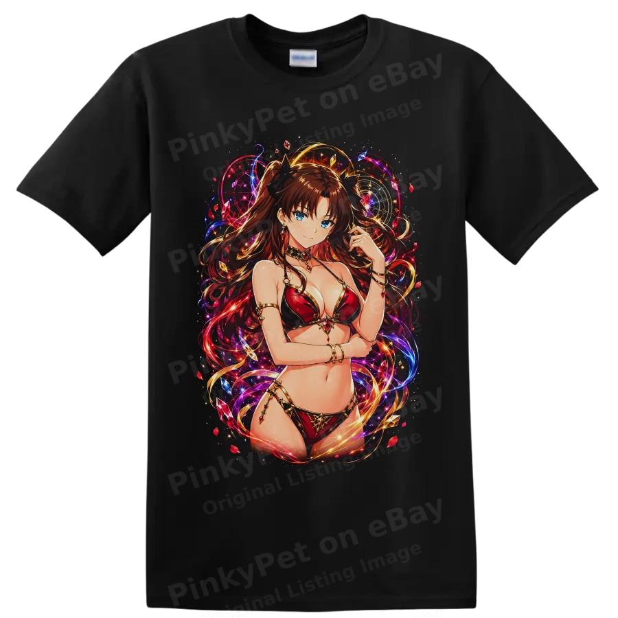 Anime Waifu T Shirt w/ Red Bikini Magical Crystal Art Fantasy Glamour Tee Style