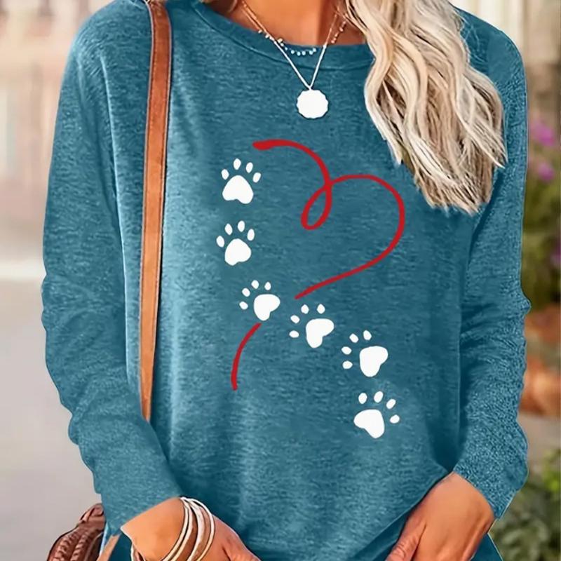 Toppar för kvinnor med tryck av hjärta och fotspår, rundhalsad långärmad t-shirt, höst, casual, smal pullover, långärmad topp för kvinnor