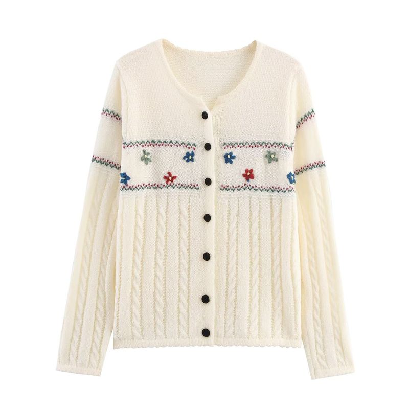 Kaslead New Women Clothes Western Style Fashion Simple and Versatile Loose Embroidery Flower Knit Cardigan