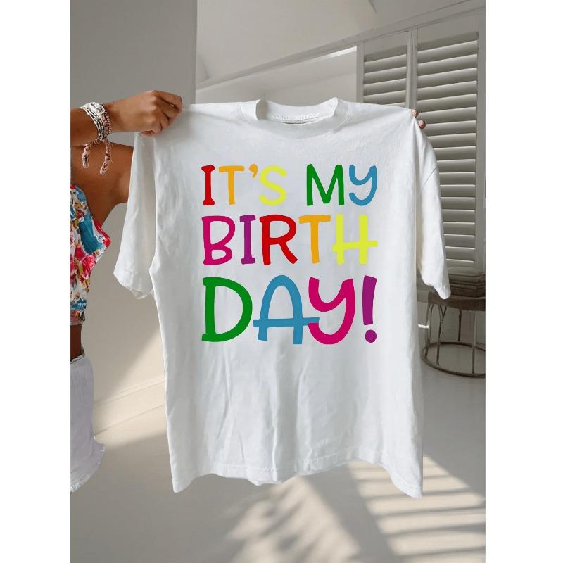 

European Size Women S Casual It S My Birthday! Graphic Tee - Short Sleeve, Round Neck, White T-Shirt with Colorful Print, All-Season Fashion S белый
