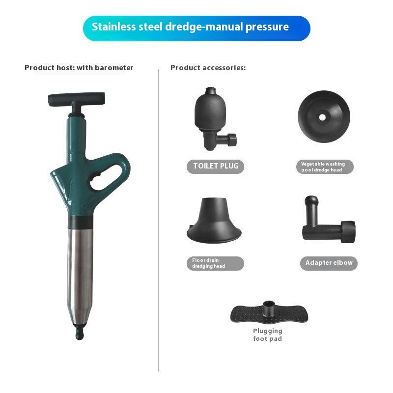 

Пневматический прочиститель труб для туалета из нержавеющей стали, бытовой набор инструментов для прочистки под высоким давлением, цилиндр с утолщенными стенками, прочный и безопасный зелёный