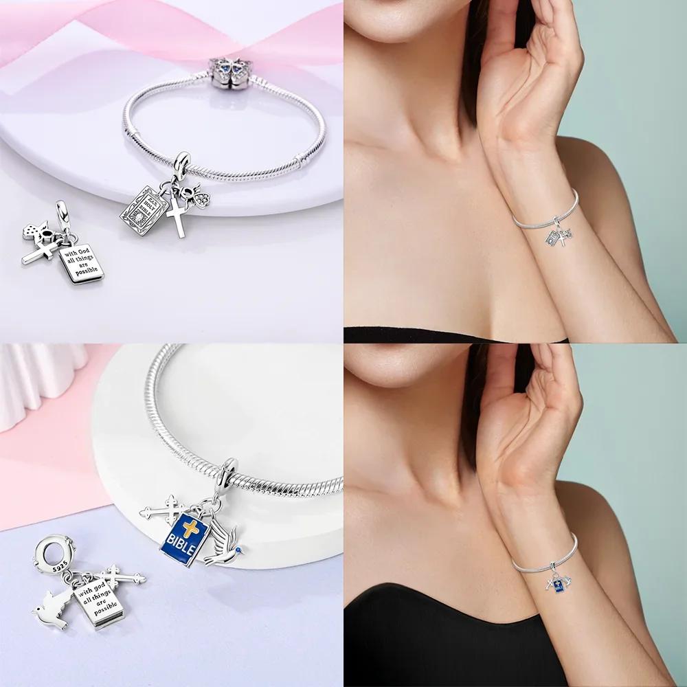 Original Charms Blue Cross Religious Winged Angel Gold Beads Fit Bracelet Copper Women Diy Fine Gift Accessory Set