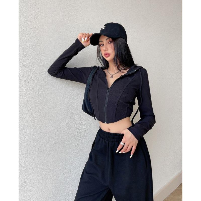 Sportwear Blouse Pure Desire Style Zipper Hooded T-shirt for Women's Spring and Summer New Style Slim Fit Waist Slimming Short Sleeved Jacket Coats