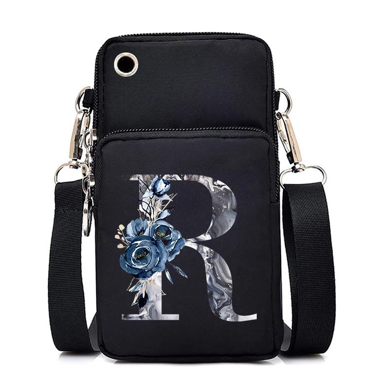 Blue Roses Alphabet Print Small Shoulder Bag 26 Letters Mini Crossbody Phone Bag for Women