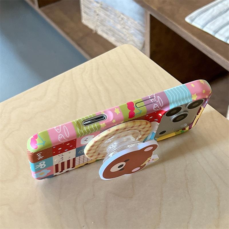 

Color Patchwork Plaid Bear Magnetic Stand Case for iPhone 17/16 Pro Max/15 Pro - Women s Edition iPhone 17 Pro Max