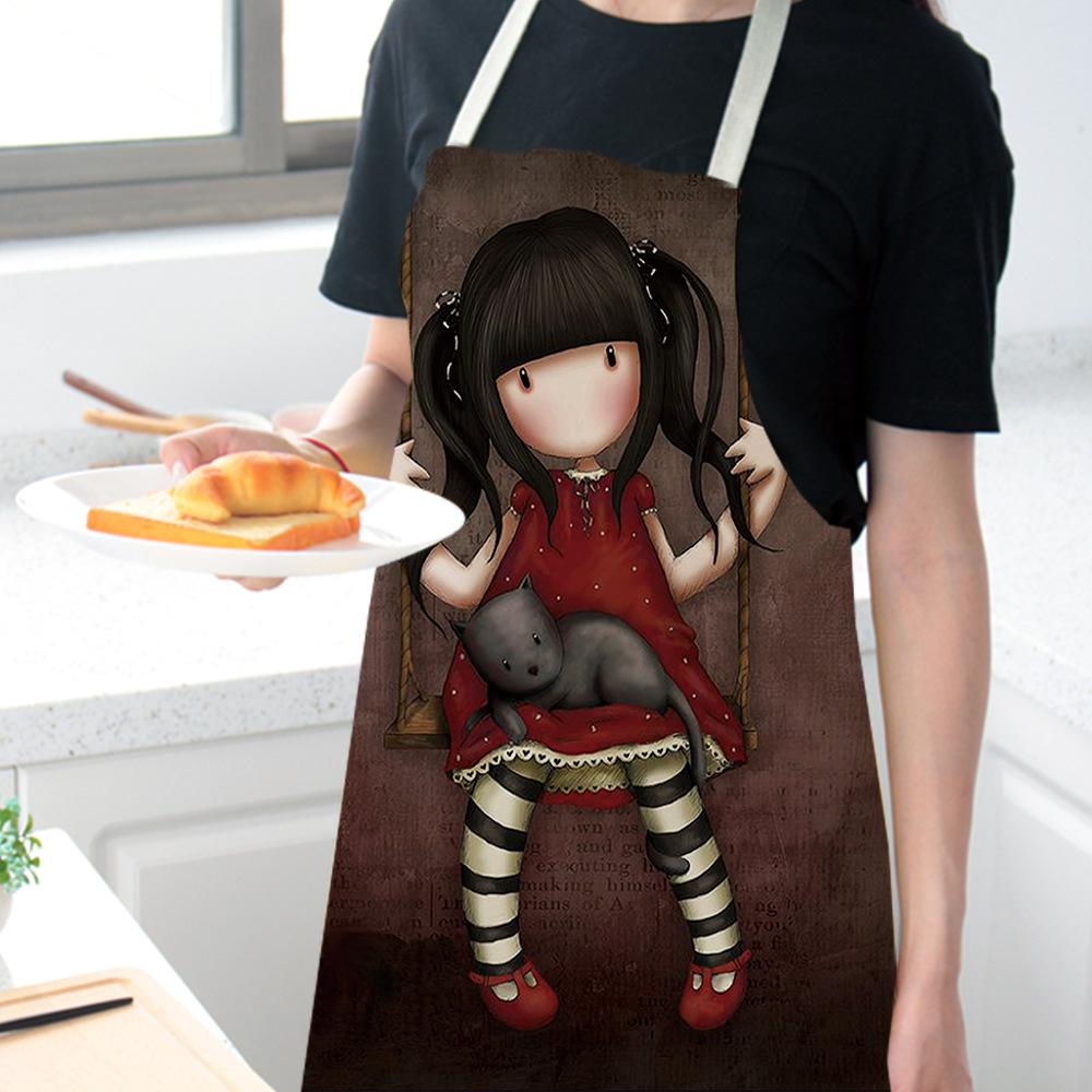 Cartoon Kitchen Apron Cute Girl Print Linen Ladies Kitchen Home Roasted Life Bib Apron Household Cleaning Tools Delantal