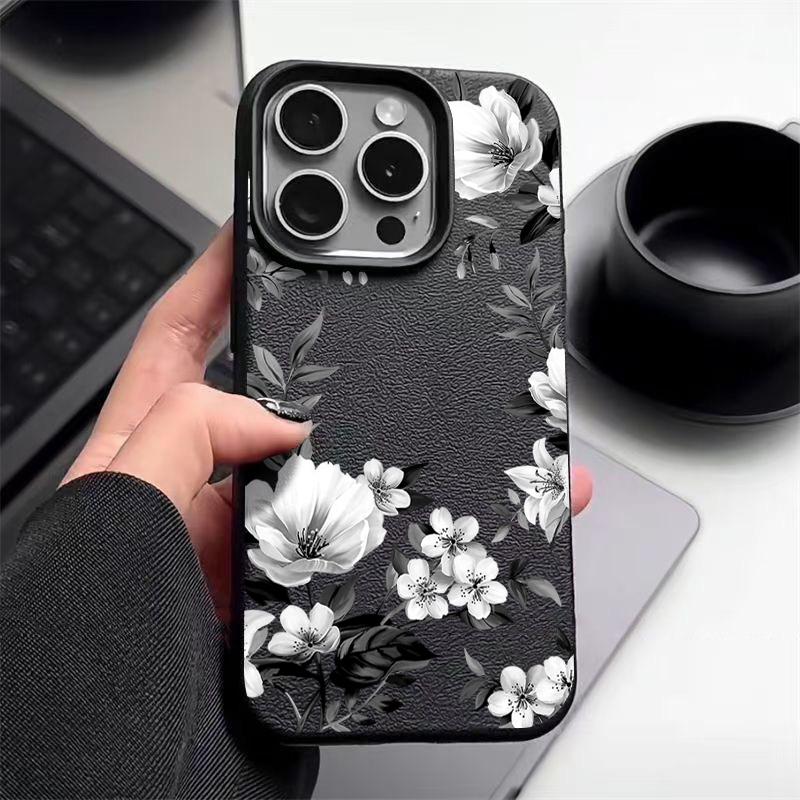 White Flowers Pattern  Luxury Leather Texture Silicone Case For IPhone 17 16 Pro Max 11 12 13 14 15 Pro Soft Phone Cover Fundas
