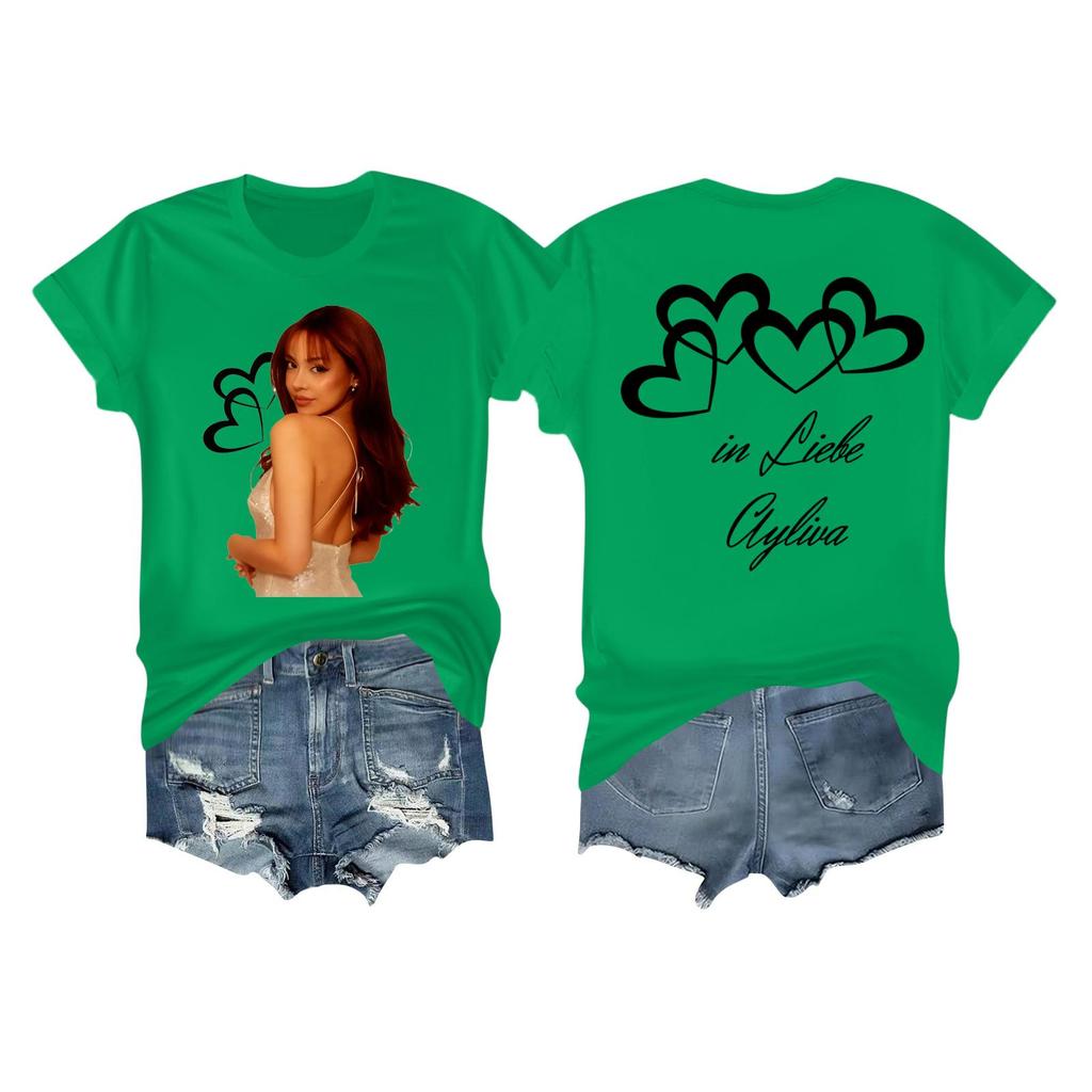 Damska casualowa koszulka z nadrukiem, z okrągłym dekoltem, wciągana, z krótkim rękawem