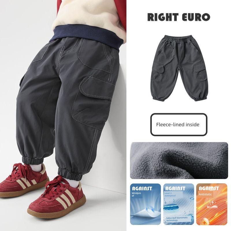 Right European Style Boys' Winter Clothing with Large Pockets, Fleece-Lined, Woven, Waterproof Trousers, New Winter Children's Clothing, Baby Pants
