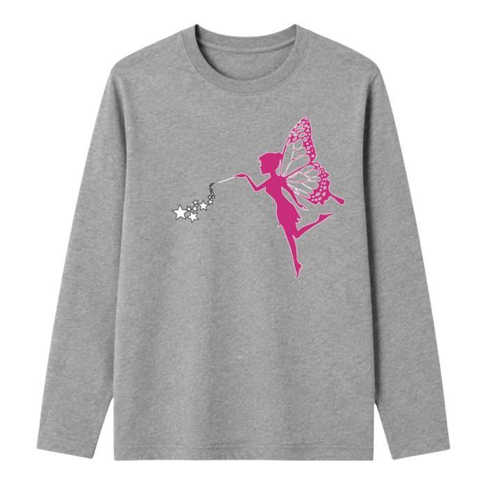 Tee-shirt manches longues fille Fée Magique et Étoiles – 100 % coton - Gris