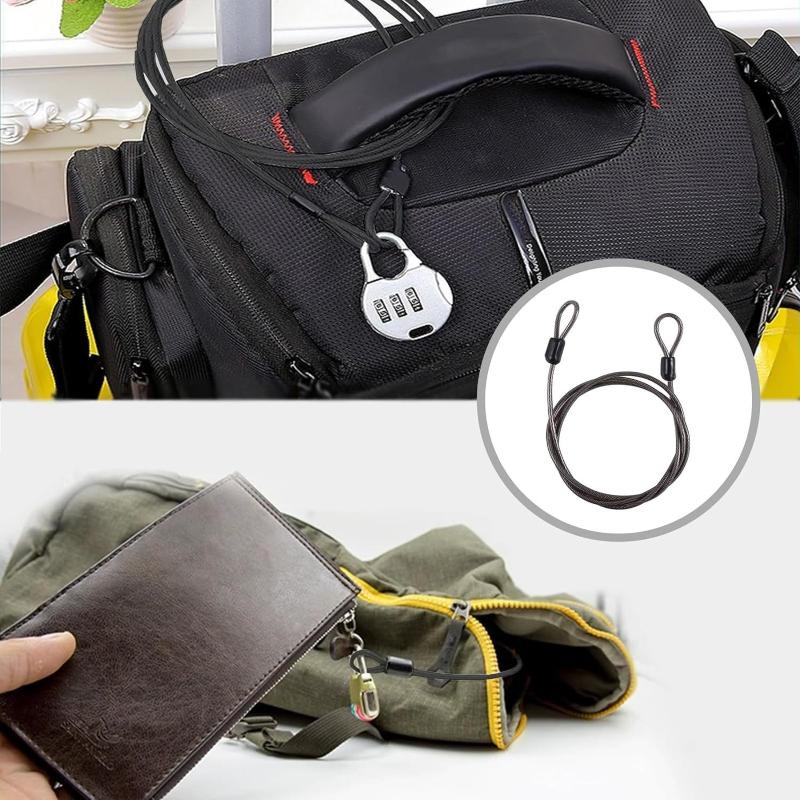 Security Steel Cable With 3 Digit Combination Lock Travel Padlock 1M Coated Safety Wire Rope Double Loop For Luggage Suitcase