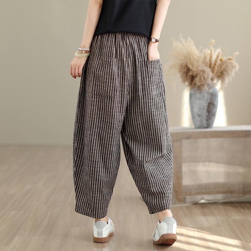 Yarn-dyed cotton and linen striped Harlan pants women's 2025 summer new elastic waist thin loose nine-point casual pants