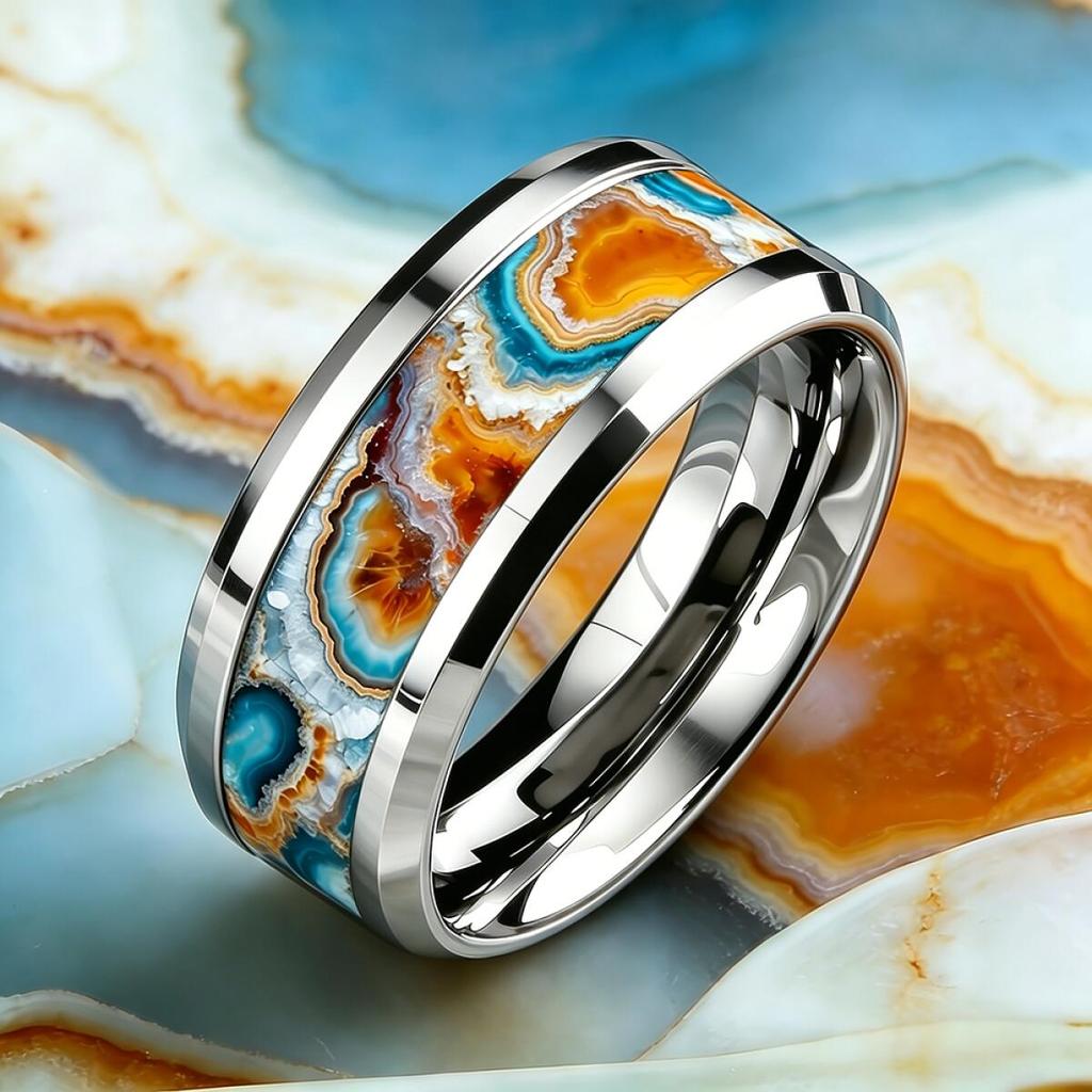 Luxury 8mm Stainless Steel Ring WIth Multicolor Abalone Shell Inlay Rings For Men Women Daily Accessory For Wedding Band Jewelry