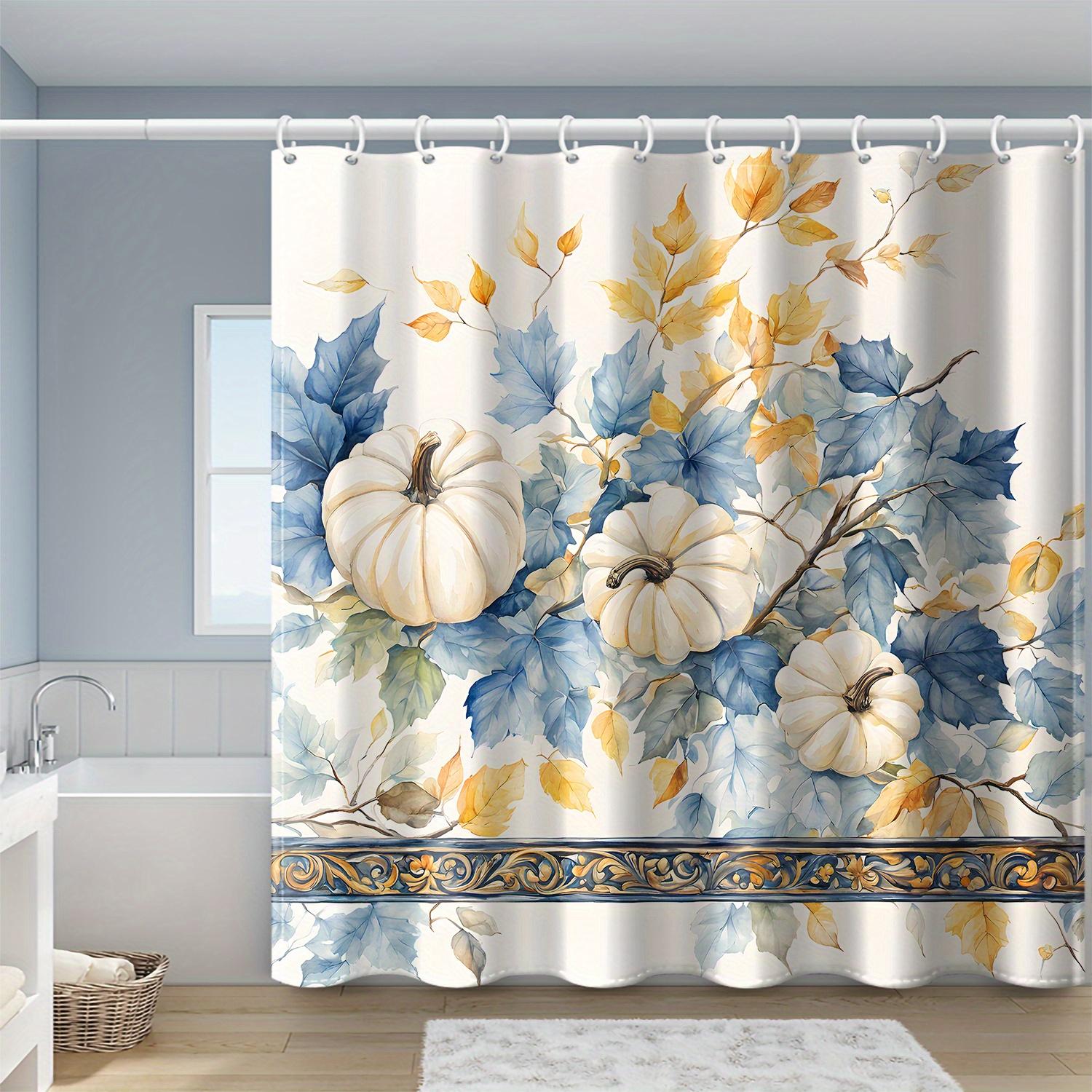 

1Pc Autumn Pumpkin And Blue Leaves Oil Painting Style Shower Curtain, Polyester Fabric, Machine Washable, Suitable For Bathroom W60H190(CM)-1 Pcs
