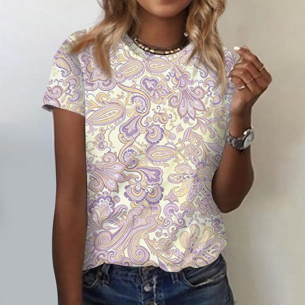 Women's Casual Loose Fit Short Sleeve Top Floral Paisley Print Lightweight Summer Blouse Comfortable Daily Wear