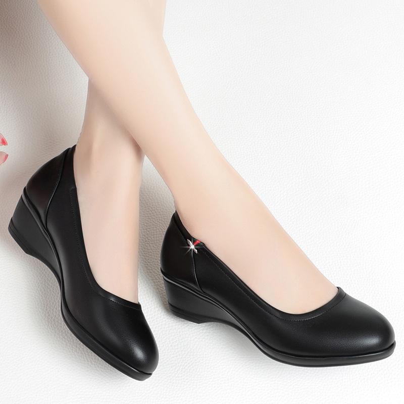 Soft leather soft sole single shoes women's round head low heel, non-slip, wear-resistant, comfortable and versatile work women's shoes
