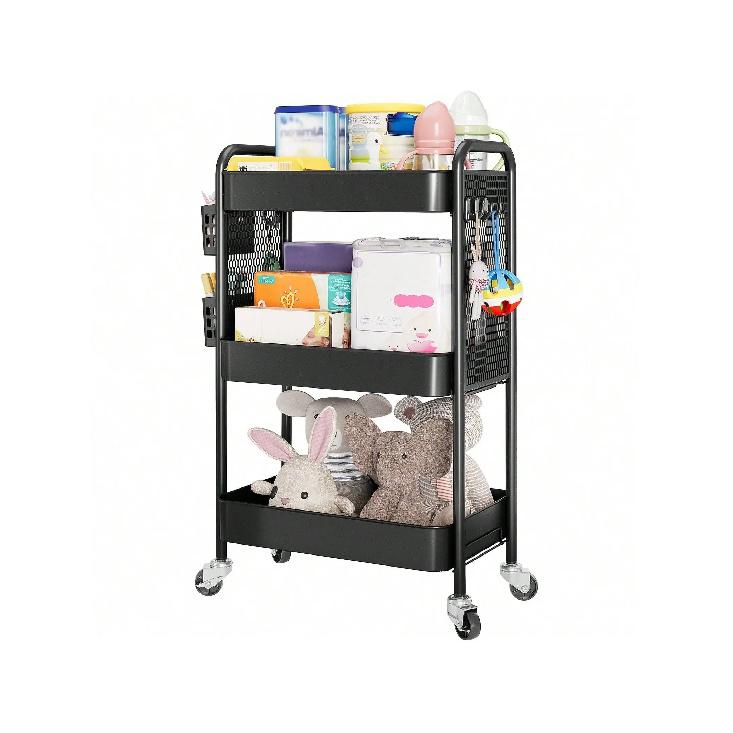 Rolling Carts With Wheels, 3 Tier Rolling Utility Cart, Metal Storage Organizer With Pegboard Hooks Bins For Bathroom Kitc