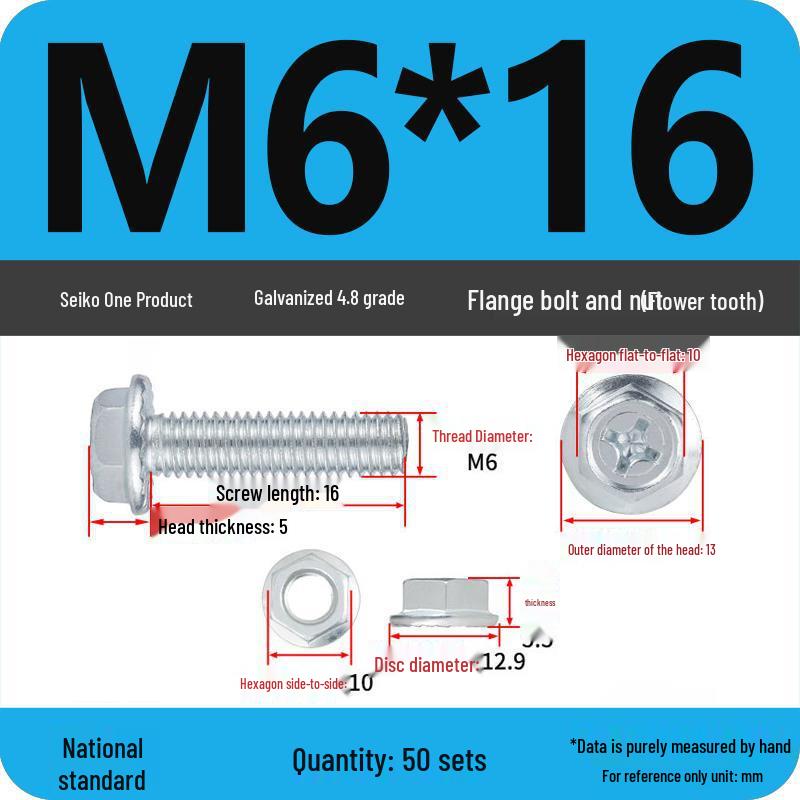 4.8 Grade Galvanized Hex Bolt Set with Anti-slip Washer & Nut, Cross Flange Head, M4/M5/M6/M8mm