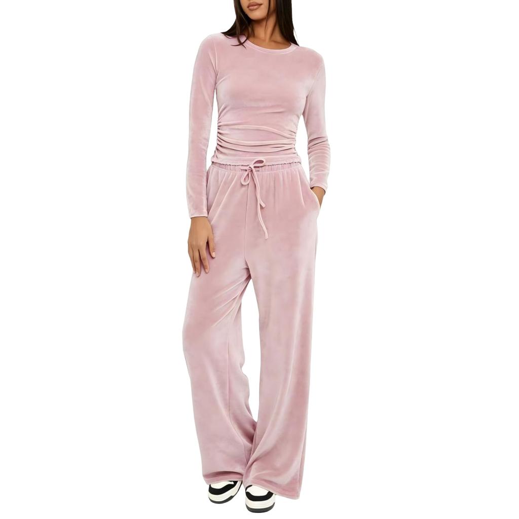 Women's Fashion Casual Activewear Set Long Sleeve Top and High Waist Wide Leg Pants Color Two Piece Outfit