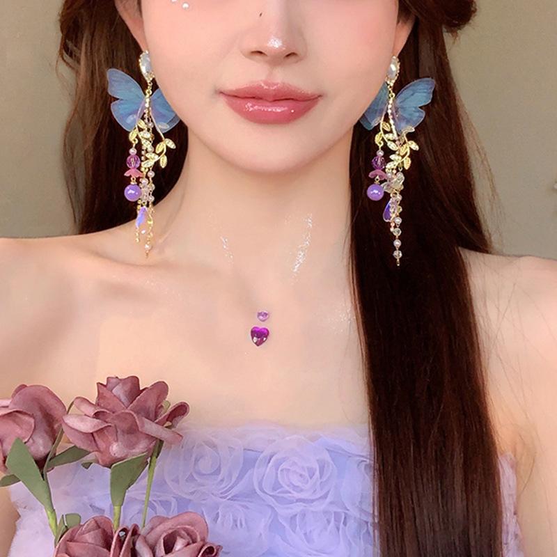 Silver Needle Sweet Flower Butterfly Pearl Tassel Earrings Trend Stud Earrings Temperament Earrings Women