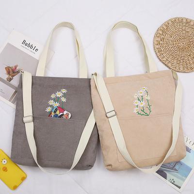 Petit sac bandoulière en toile de velours côtelé à marguerites pour femme, sac à maquillage pour étudiante en art, sac à provisions bandoulière décontracté style collège