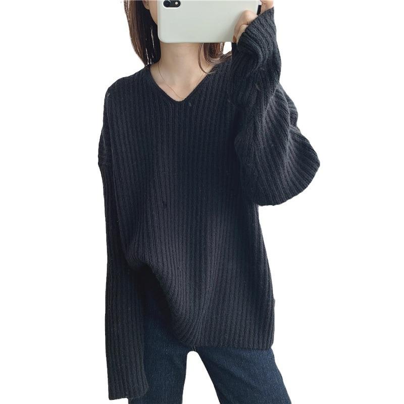 Loose and Lazy Wind Soft Waxy Pit Strip Sweater for Women's Autumn and Winter New Korean Version Solid Color Knitted Pullover Bottoming Shirt for