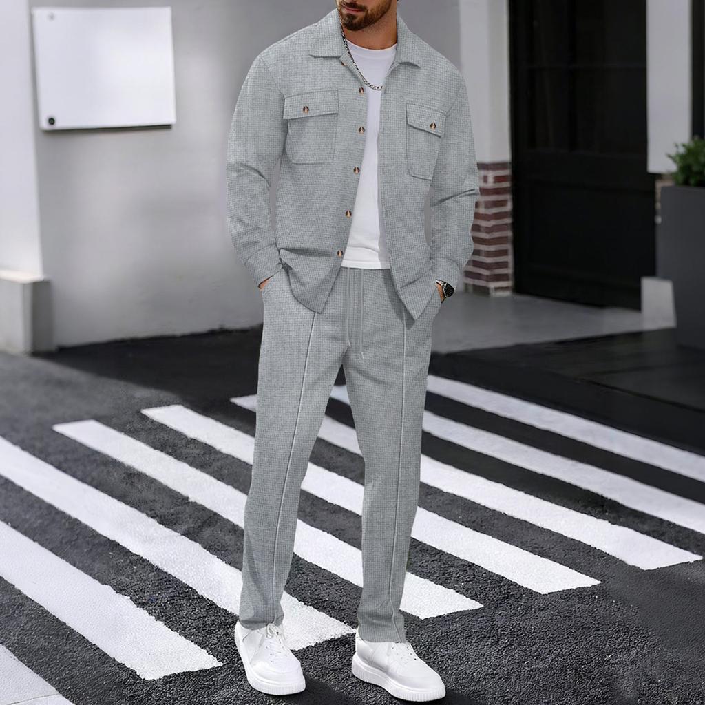 Men's Casual Long Sleeve Pants Two Piece Set Solid Color Double Pocket Workwear Cardigan Shirt Set