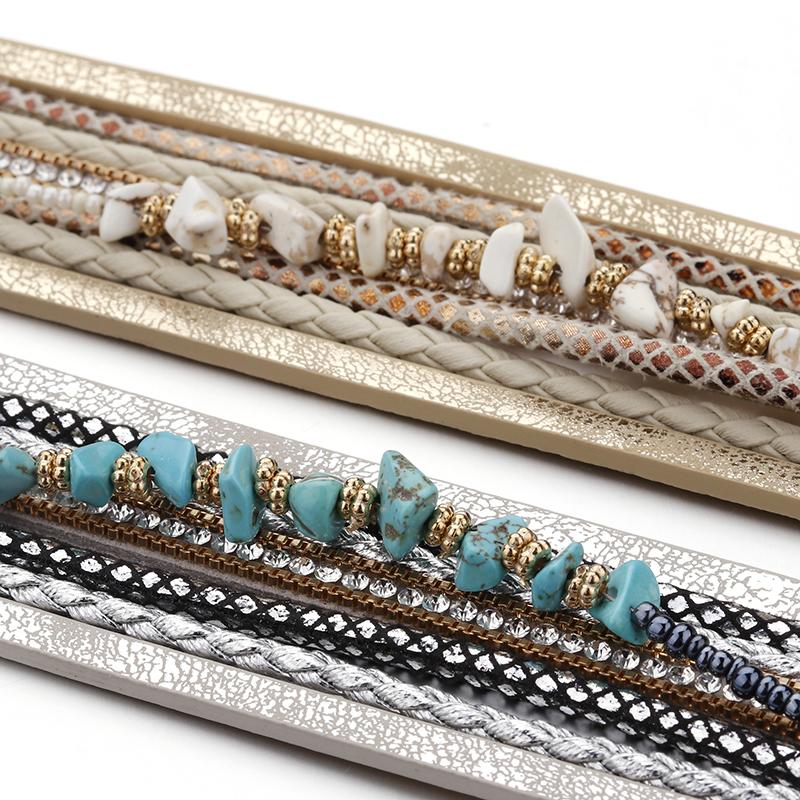 Stone Leather Bracelet for Women Retro Multilayer Crystal Snake Skin Wide Bangles Jewelry Gifts