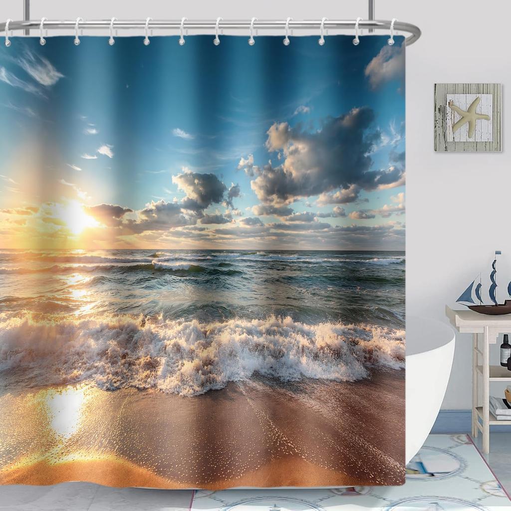 Beach Ocean Theme Shower Curtain for Bathroom Sunrise Sunset View Scene Hawaii Seashore Summer Coastal Seaside Seascape Decor