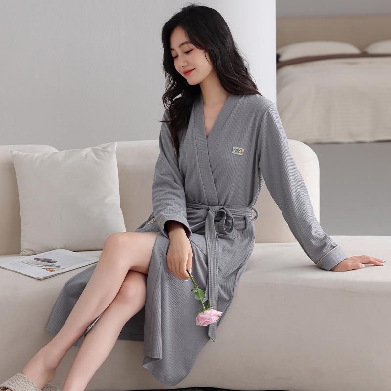 Nightgown Women'S Spring And Autumn Cotton Long-Sleeved Simple Casual Bathrobe Women'S Medium And Long Pajamas Loungewear