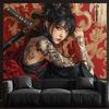 Japanese Tattoo Girl Tapestry Irezumi Samurai Sword Wall Art Red Gold Dragon Aesthetic Decor Edgy Anime Style Hangingfor Bedroom