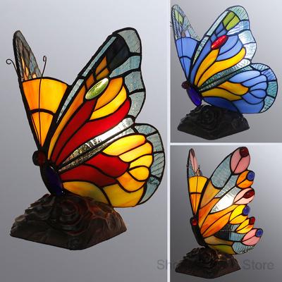 Vintage Butterfly Table Lamps for Bedroom Bedside Mediterranean Tiffany Retro Stained Glass Desk Lamp Living Room Light Fixtures
