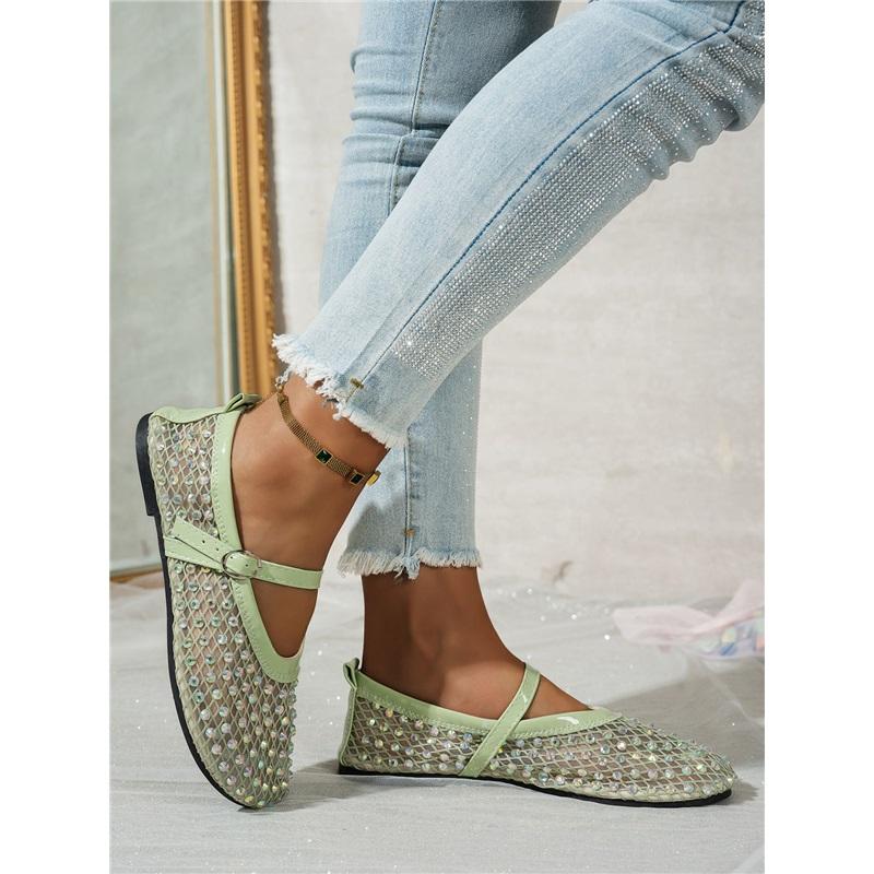 Women's Fashion Flat Shoes, Summer New Mesh Rhinestone Mary Jane Shoes, One Buckle Casual Flats