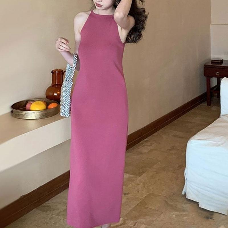 Solid Color Slip Dresses Sexy Elegant Sleeveless Summer Vintage Basic Slim Fashion Waist Bag Hip Long Dress