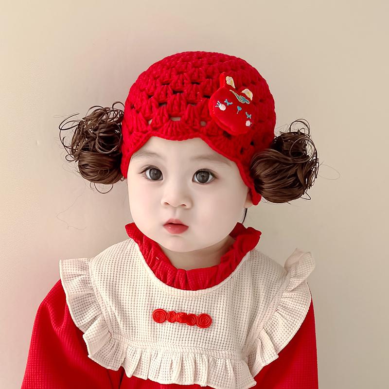 Adorable Knitted Baby Girl Hat with Rabbit Design Wig